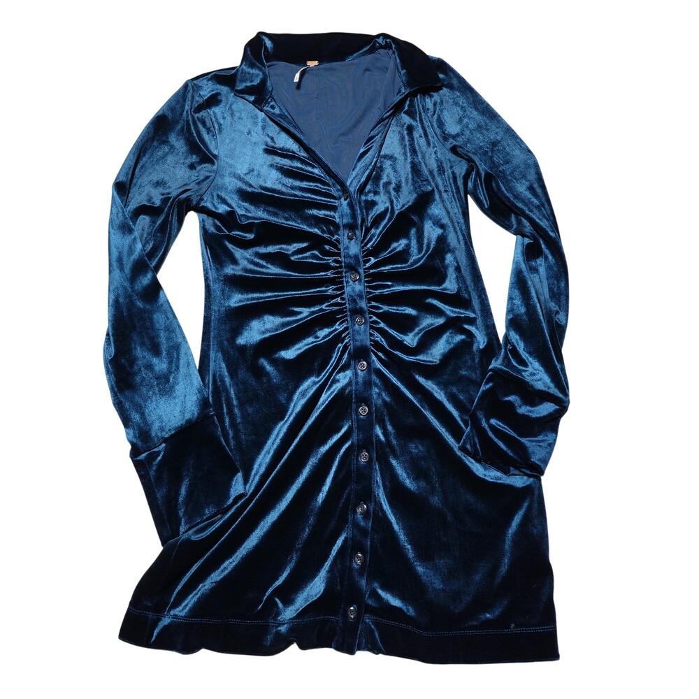 Free People Shirt Dress Womens Medium Blue Velvet Ruched Front Long Sleeve